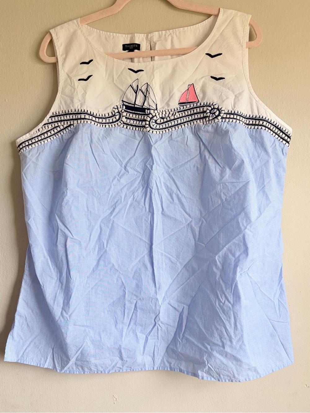 Talbots White and Light Blue Embroidered Nautical Tank